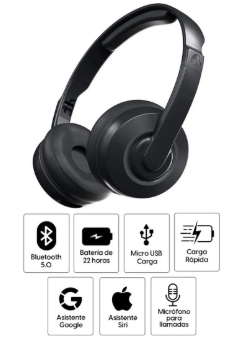 Audífonos bluetooth on ear Skullcandy Cassette micrófono incorporado, máx. 22 horas, control de música y llamadas, negro