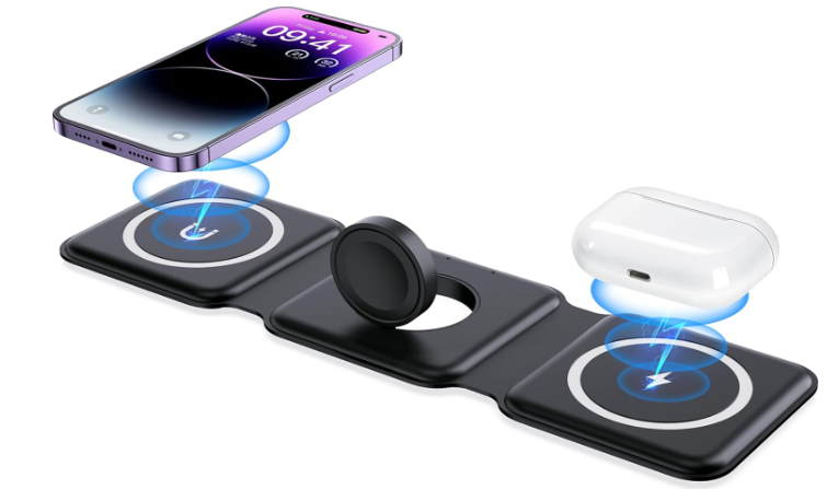Cargador inalámbrico, cargador magnético plegable 3 en 1 Mag-Safe, estación de carga inalámbrica de viaje rápido para iPhone 15/14/13/12/Series, para iWatch