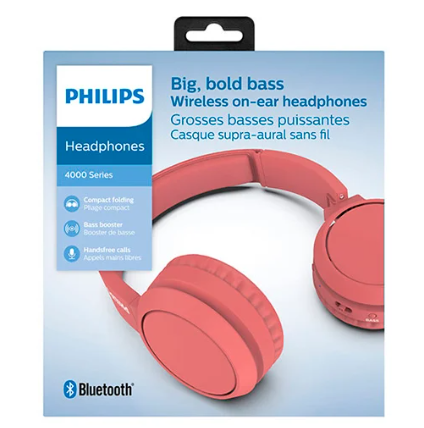 AUDÍFONOS PHILIPS ON-EAR TAH4205 BLUETOOTH C/MICRO 29HRS ROJO