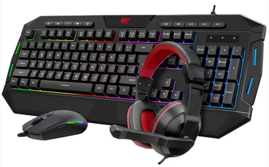 Combo Gaming 4 en 1 Teclado RGB Mouse, Audífono y Mousepad GAMENOTE HAVIT KB501CM multimedia c/Negro