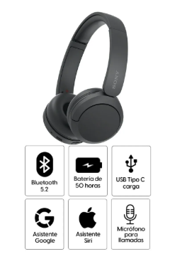 Audífonos bluetooth on ear Sony WH-CH520 micrófono incorporado, máx. 50 horas, control de música y llamadas, negro